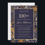 Invitation Elégant Motif bleu et or 100e anniversaire<br><div class="desc">Elégant et traditionnel marine bleu, or et blanc motif abstrait fournit l'arrière - plan à l'avant et à l'arrière de cette invitation du 100e anniversaire. Le texte est placé sur un rectangle bleu marine bordé d'or jaune pour le rendre facile à lire. Tout le texte peut être modifié. Le monogramme...</div>