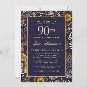 Invitation Elégant Motif bleu et or 90e anniversaire