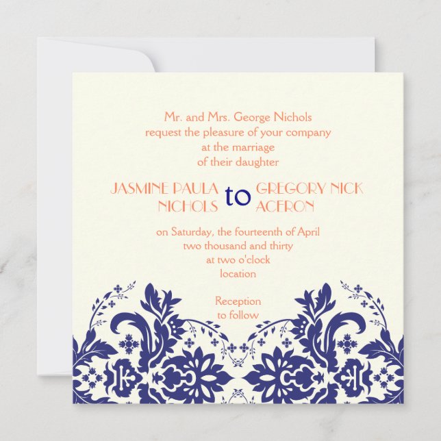 Invitation Elégant motif damassé bleu marine, corail mariage (Devant)