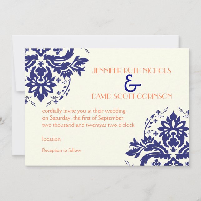 Invitation Elégant motif damassé bleu marine, corail mariage (Devant)