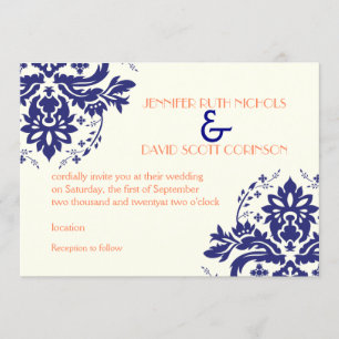 Invitation Elégant motif damassé bleu marine, corail mariage