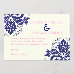 Invitation Elégant motif damassé bleu marine, mariage rose