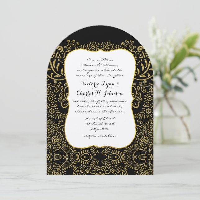 Invitation Élégant Motif de conception de mariée Black Mehndi (Debout devant)