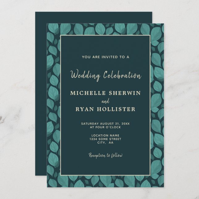 Invitation Elégant Motif feuille Turquoise Mariage botanique  (Devant / Derrière)