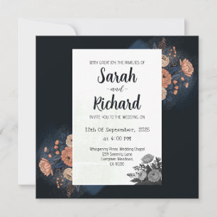 Invitation Élégant motif floral bleu foncé avec accents pêche