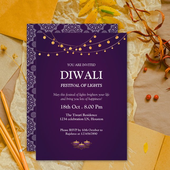 Invitation Élégant Motif Mandala Diyas Purple Diwali Party (Créateur téléchargé)