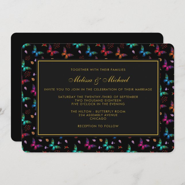 Invitation Elégant Motif papillon sur Black Wedding Invitatio (Devant / Derrière)