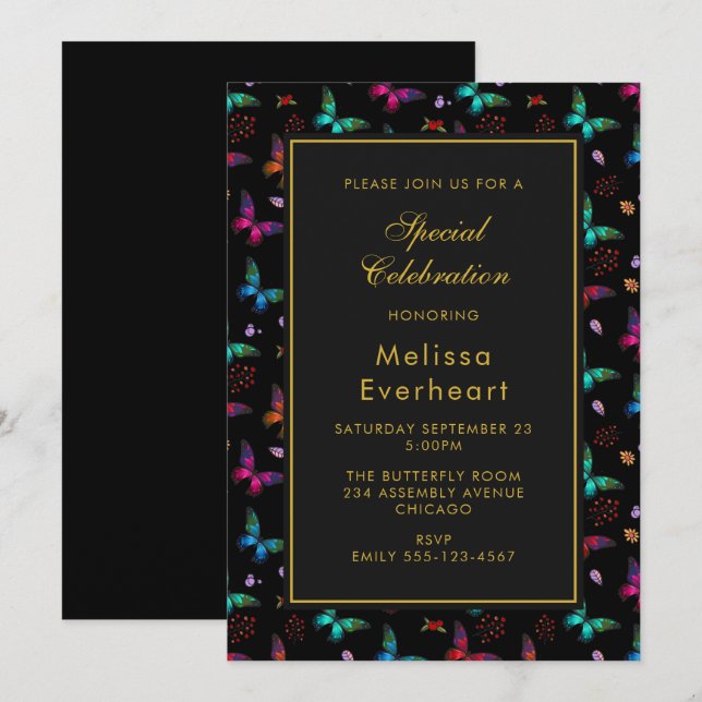 Invitation Élégant Motif papillon sur noir (Devant / Derrière)