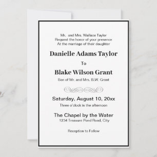 Invitation Élégant Mots traditionnels Mariage noir et blanc