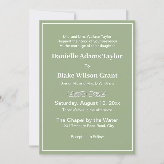 Invitation Élégant Mots traditionnels Sage Vert Mariage blanc (Devant)
