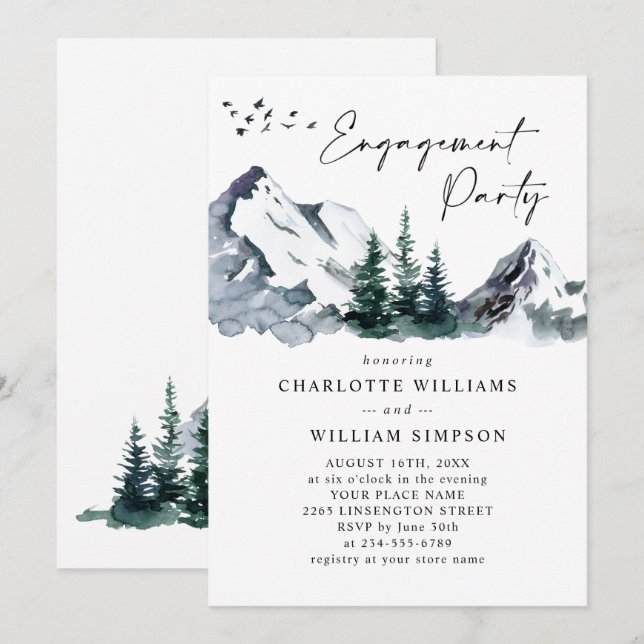 Invitation Elegant Mountain Forest Engagement Party (Devant / Derrière)