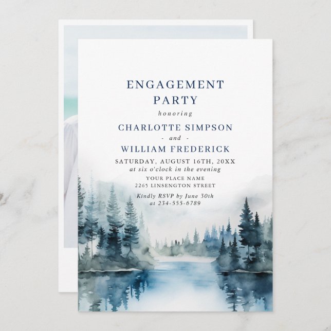 Invitation Elegant Mountain Forest Engagement Party Photo (Devant / Derrière)