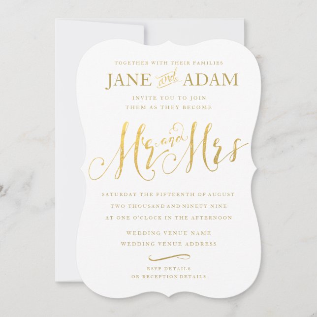 Invitation Elégant Mr & Mrs Gold Typography Mariage Inviter (Devant)
