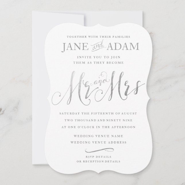 Invitation Elégant Mr & Mrs Silver Typographie Mariage Invite (Devant)