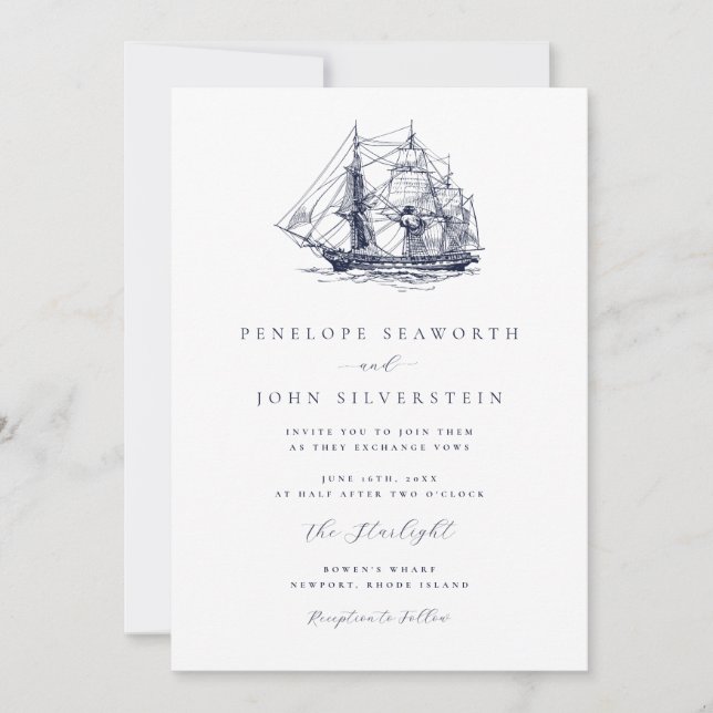 Invitation Elegant Nautical Boat Illustration Wedding (Devant)