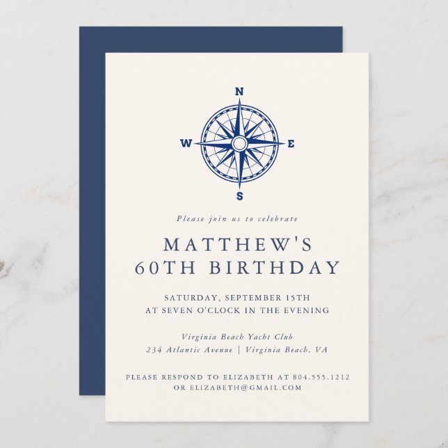 Invitation Elegant Nautical Compass Adult Birthday Party  (Devant / Derrière)