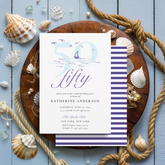 Invitation Elégant Nautical Stripes Bateau Océan 50e annivers (nautical boat ocean birds 50th birthday invitation elegant modern classy simple)