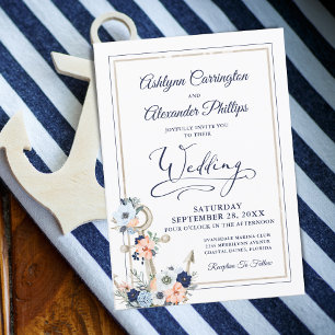 Invitation Élégant Nautique Floral Ancre Marine Mariage de pê