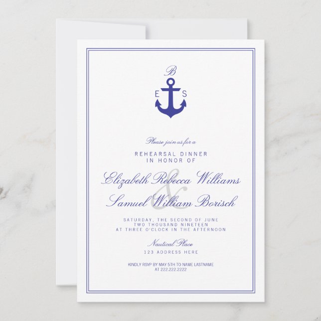 Invitation Élégant Nautique Monogramme Répétition Dîner Invit (Devant)