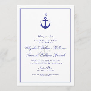 Invitation Élégant Nautique Monogramme Répétition Dîner Invit