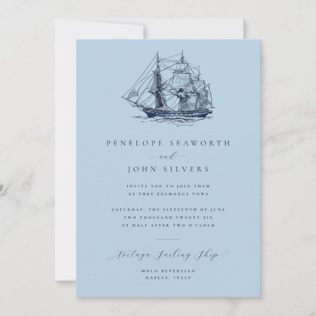 Invitation Elégant navire nautique Sky Blue Mariage (Devant)