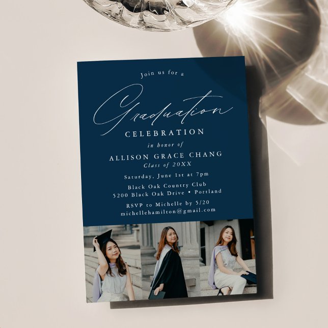 Invitation Elegant Navy 3 Photo Graduation Party (Créateur téléchargé)
