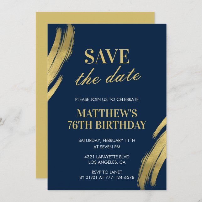 Invitation Elegant Navy 76e anniversaire Enregistrer la date (Devant / Derrière)