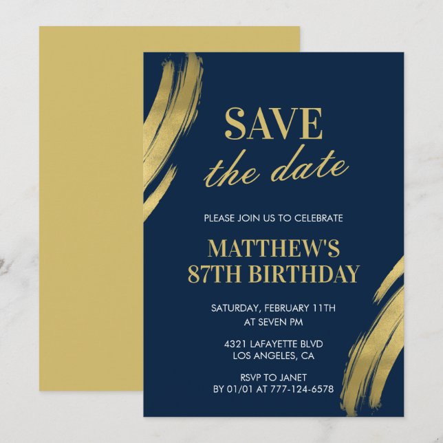 Invitation Elegant Navy 87e anniversaire Enregistrer la date (Devant / Derrière)