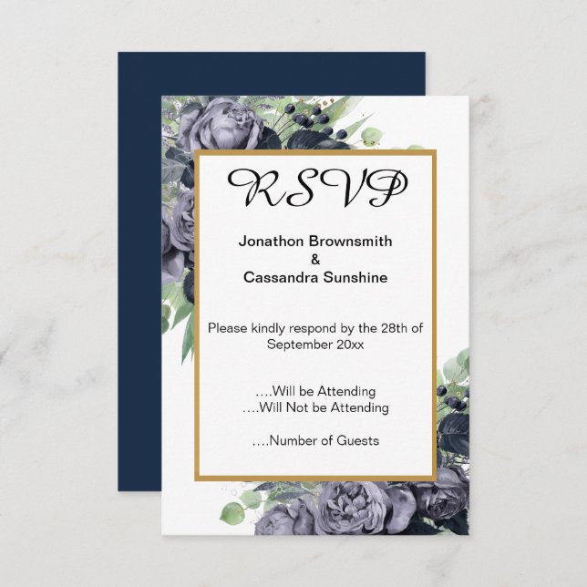 INVITATION ÉLÉGANT NAVY  BLEU OR EUCALYPTUS ROSE  RSVP (Devant / Derrière)