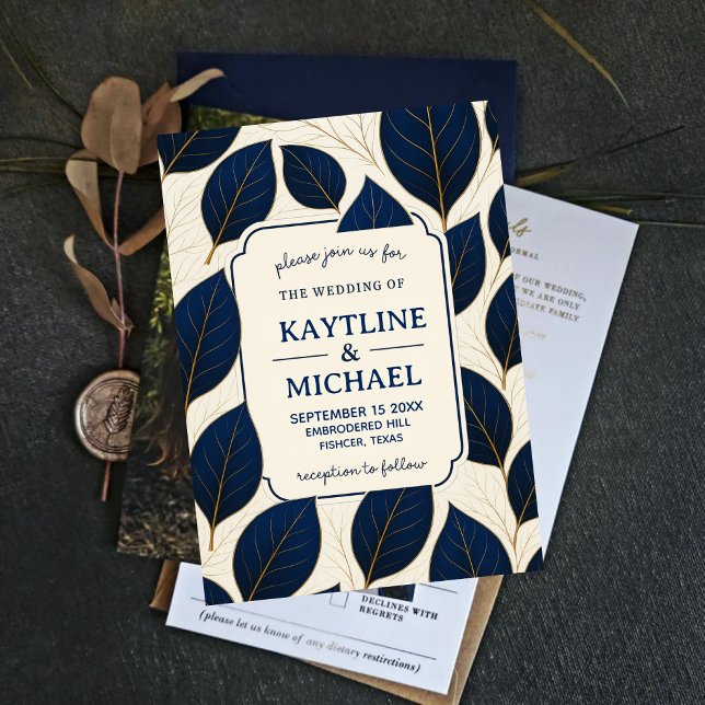 Invitation Elegant Navy Blue and Gold Leaf Botanical (Créateur téléchargé)