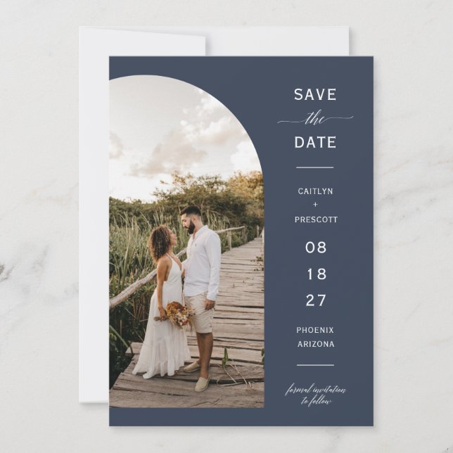 Invitation Elegant Navy Blue Arch Photo QR Code Enregistrer l (Devant)