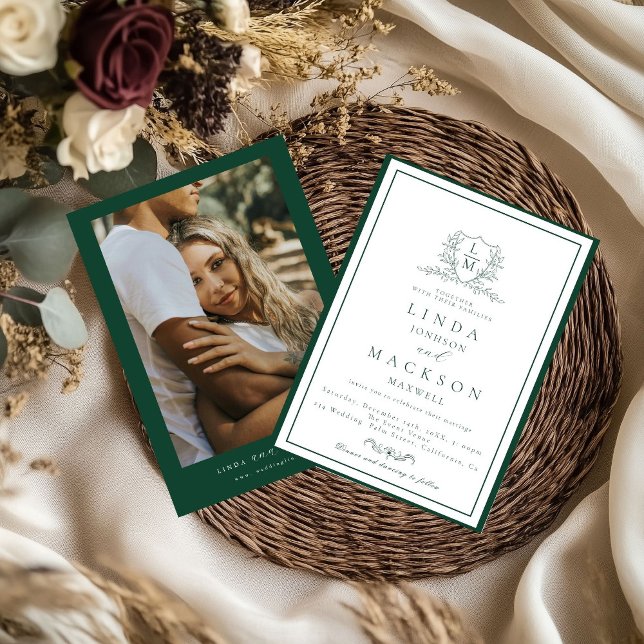 Invitation Elegant Navy Blue botanical crest monogram wedding (Créateur téléchargé)