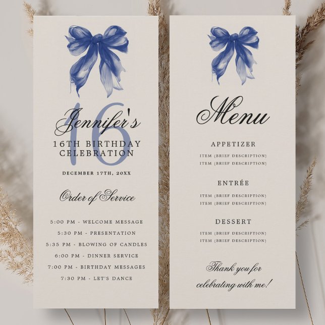 Invitation Elegant Navy Blue Bow 16th Birthday Program Menu (Elegant Navy Blue Bow 16th Birthday Program Menu)