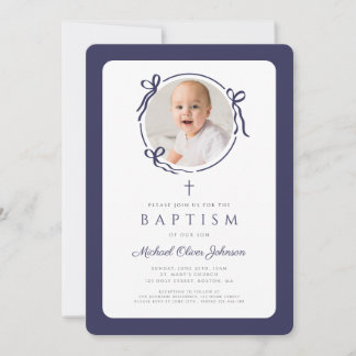 Invitation Elegant Navy Blue Bow Photo Boy Baptism