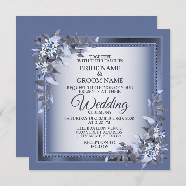 Invitation Elegant Navy Blue Floral Framed Silver Wedding (Devant / Derrière)