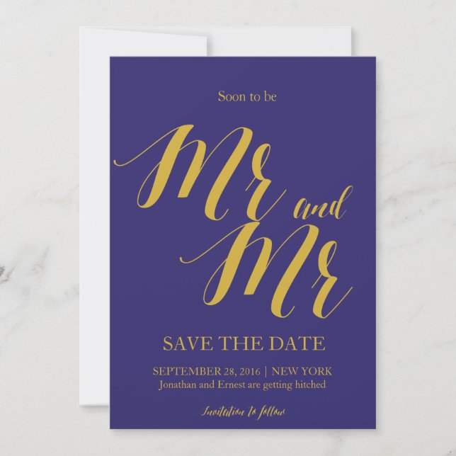 Invitation Elegant Navy Blue Gay Wedding Enregistrer la date (Devant)