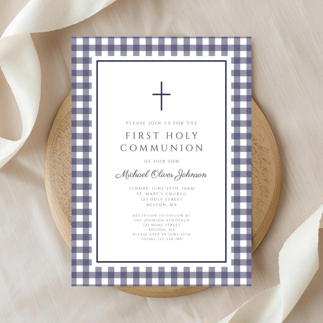 Invitation Elegant Navy Blue Gingham Boy First Communion (Elegant Navy Blue Gingham Boy First Communion Invitation)