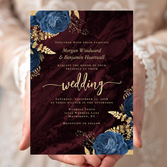 Invitation Elegant Navy Blue Gold Floral Burgundy Wedding (Créateur téléchargé)