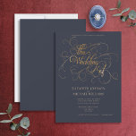 Invitation Elegant Navy Blue & Gold Script Wedding<br><div class="desc">We're loving this elegant, modern navy blue and gold wedding invitation! Featuring beautiful word art, this design features 'The Wedding Of' in a beautiful script, ornately embellished with flourishes to completely surround and frame the script text, and rendered in a faux gold glitter texture. The design is easily personalized in...</div>