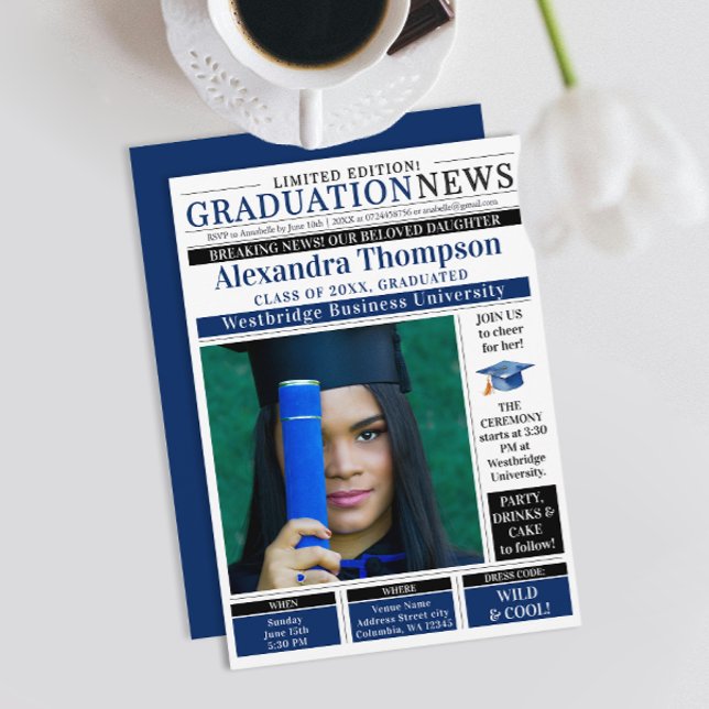 Invitation Elegant Navy Blue Graduate Newspaper Breaking News (Créateur téléchargé)