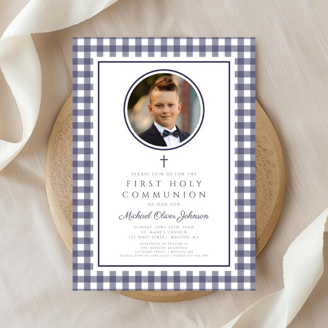 Invitation Elegant Navy Blue Photo Boy First Communion (Elegant Navy Blue Photo Boy First Communion Invitation)