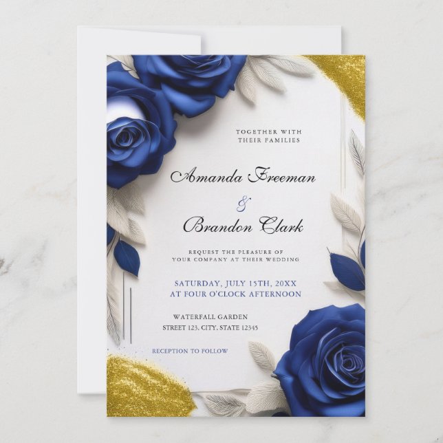 Invitation Elegant Navy Blue Roses & Gold Glitter Wedding (Devant)
