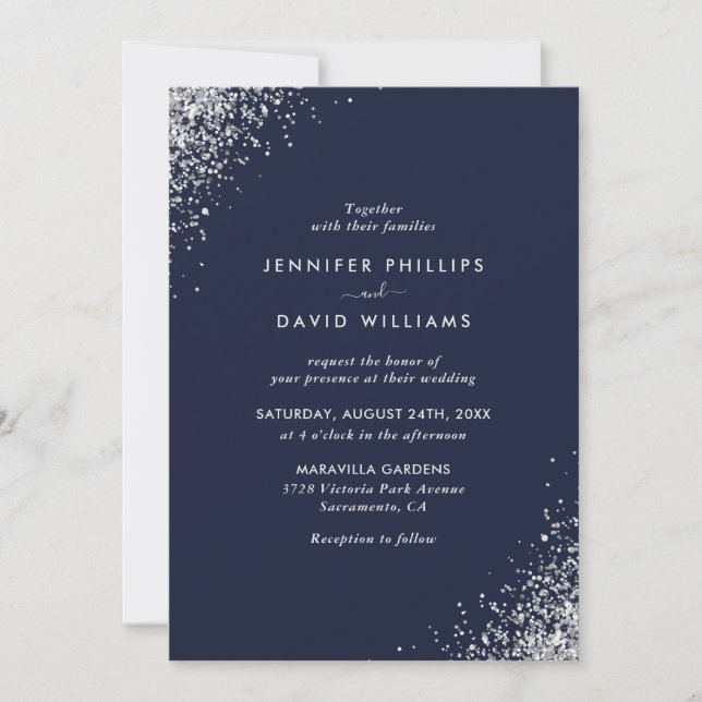 Invitation Elegant Navy Blue Silver Glitter Confeti Wedding (Devant)