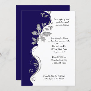 Invitation Elegant Navy Blue Silver Holly Christmas