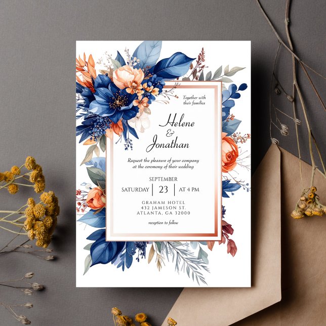 Invitation Elegant Navy Blue Terracotta Floral Boho Wedding (Elegant Navy Blue Terracotta Floral Boho Wedding Invitation)