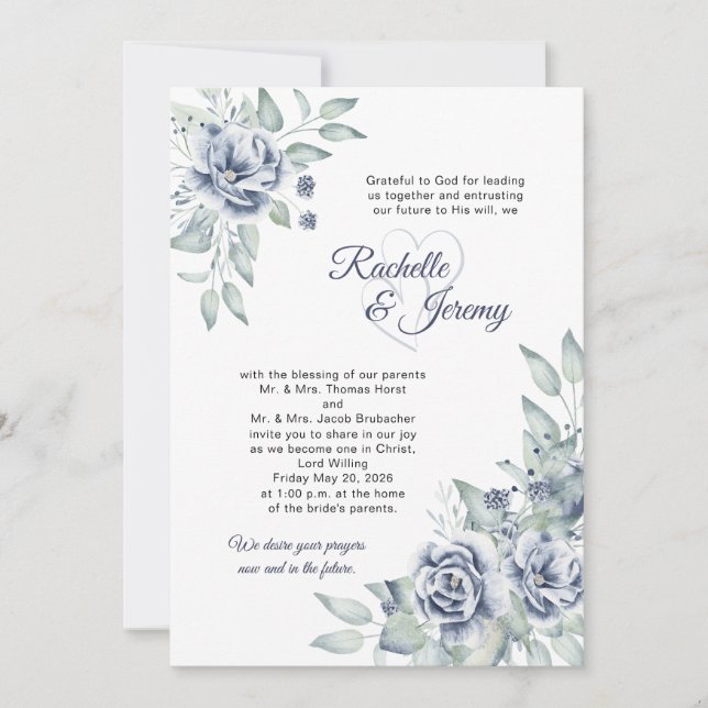 Invitation Elegant Navy Blue Watercolor Floral Wedding (Devant)