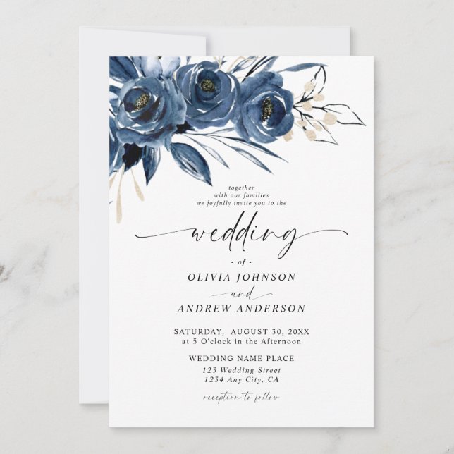 Invitation Elegant Navy Blue Watercolor Floral Wedding (Devant)
