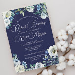 Invitation Elegant Navy Blue White Floral Modern Bat Mitzvah<br><div class="desc">Beautiful white peony flowers and green watercolor leaves form an elegant border on this pretty navy blue floral Bat Mitzvah invitation. Your daughter's name is written in chic,  white calligraphy on this ceremony or party invitation for a Jewish family celebrating a girl being called to the Torah.</div>