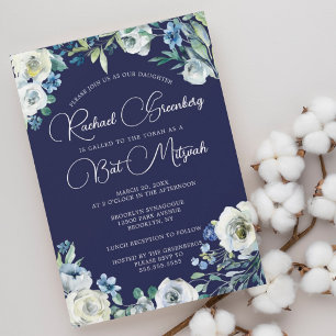 Invitation Elegant Navy Blue White Floral Modern Bat Mitzvah