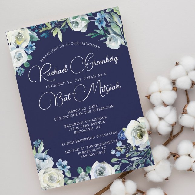 Invitation Elegant Navy Blue White Floral Modern Bat Mitzvah (Créateur téléchargé)